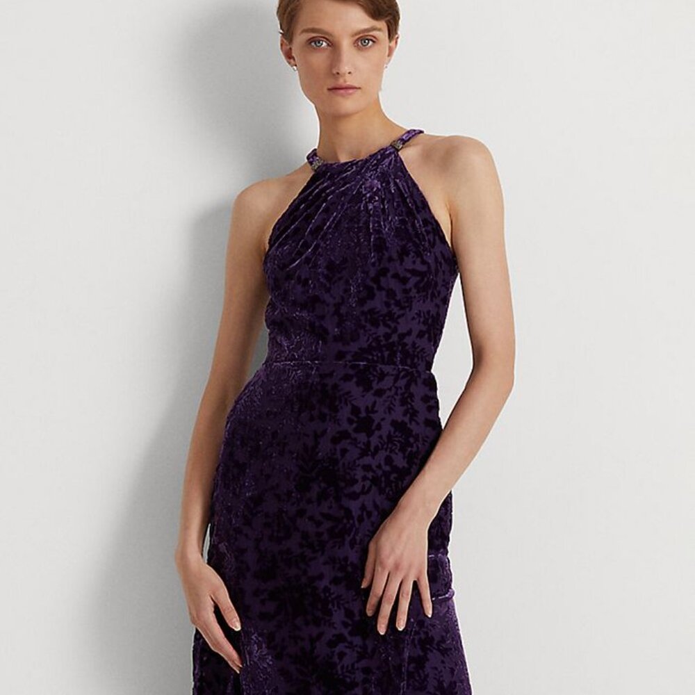 NWT LAUREN RALPH LAUREN 4 Purple Floral Velvet Romantic Goth Maxi Halter Dress - Picture 2 of 7